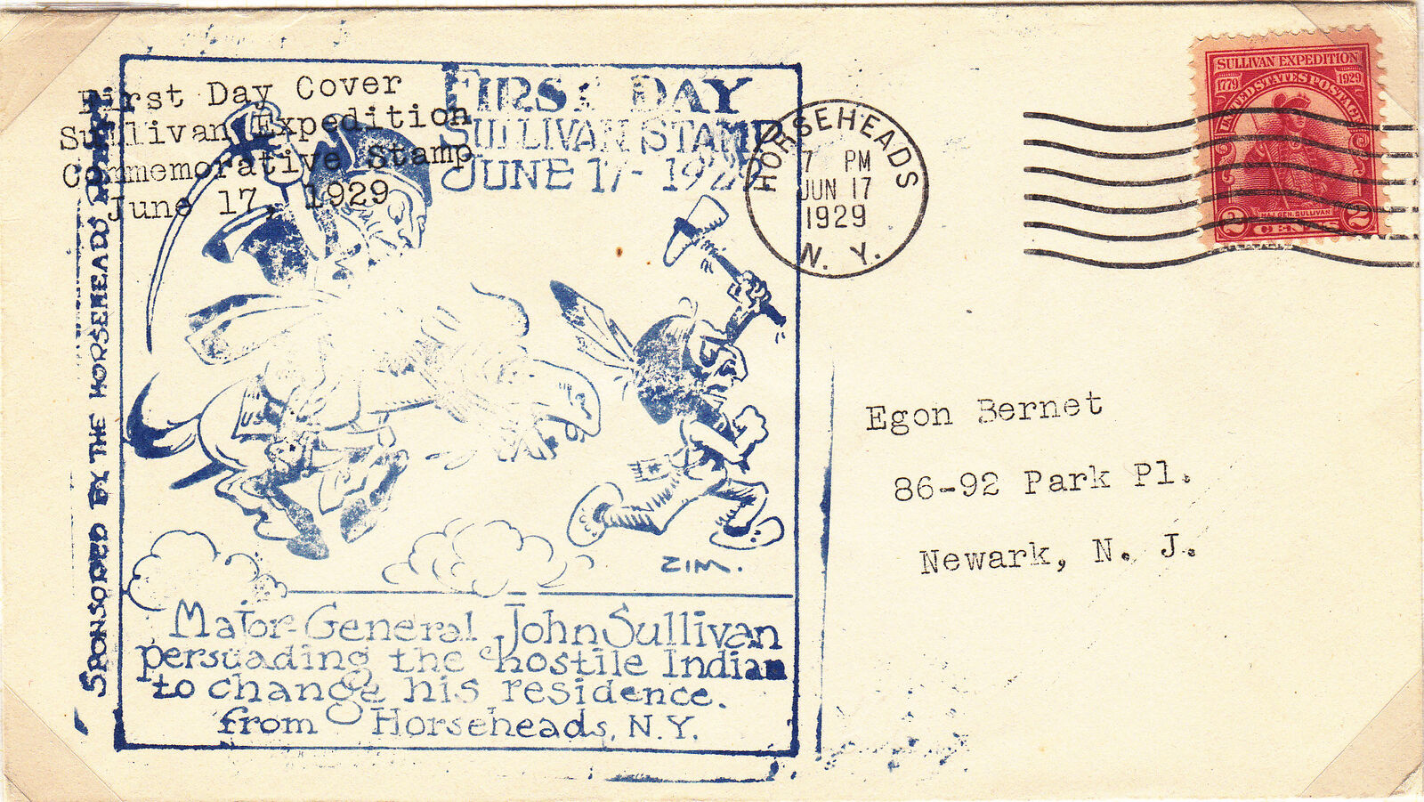 USA 1929 2c Sullivan Expedition First Day Cover with blue Horsehead cachet