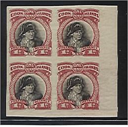Cook Is 1d black and lake. Imperforate plate proof. Block of 4 U