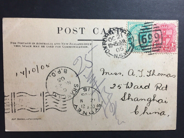 China- Shanghai Inwards 1905 Double Bay PPC Sydney/HK/BPO Shanghai Markings