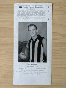 VFL 1964  Collingwood Football Club Popular Players Competition Card, Ian Graham. Rare.