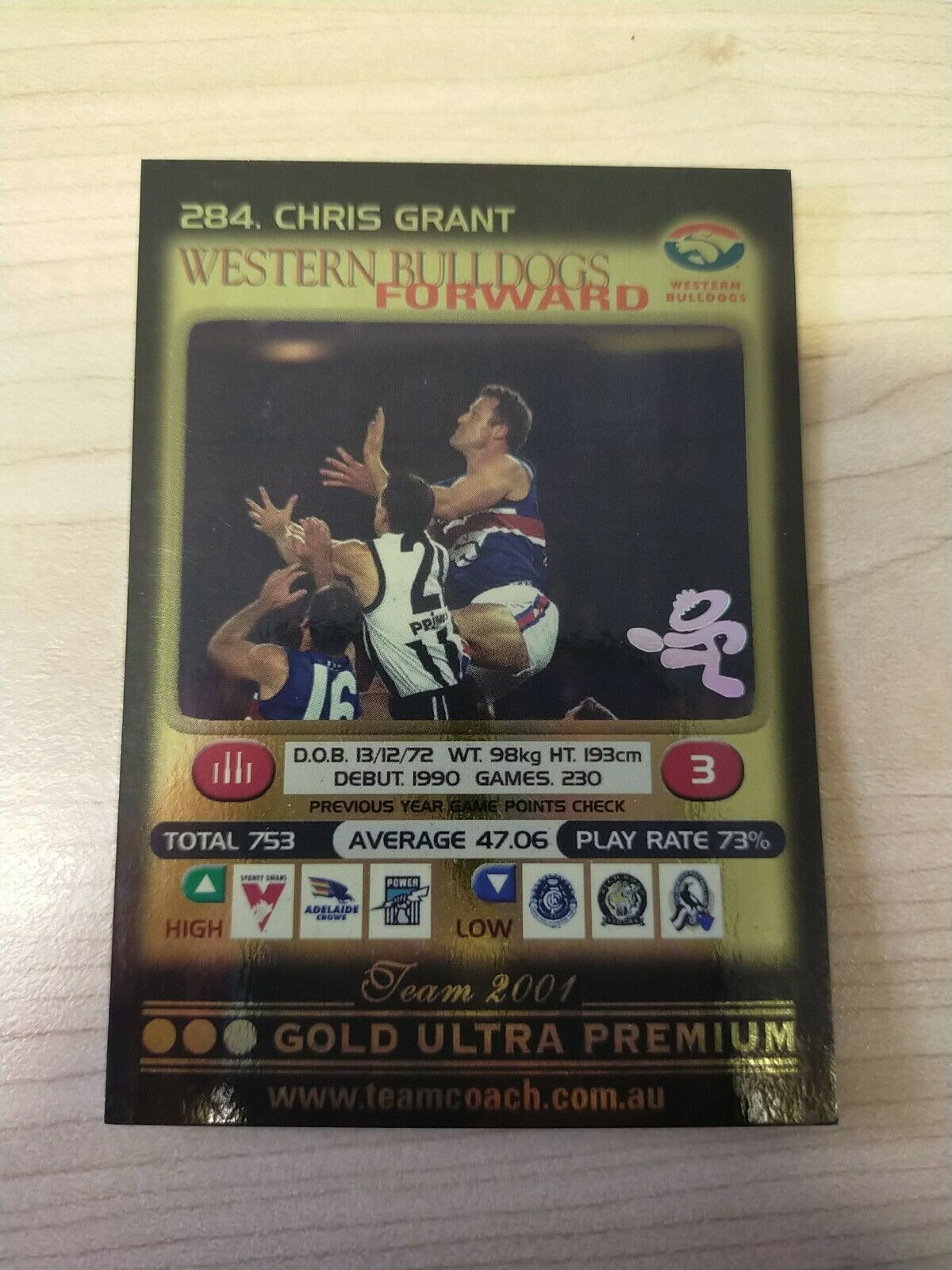 2001 Teamcoach Gold Prize Card Western Bulldogs 284 Chris Grant