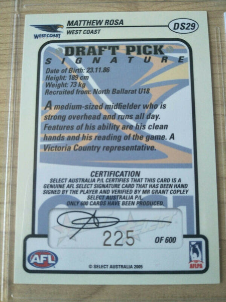 2005 Select Tradition Draft Pick Signature Card Matthew Rosa West Coast