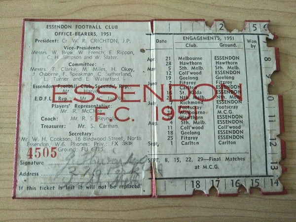 VFL 1951 Essendon Football Club Membership Season Ticket No. 4505