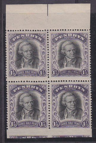 Penrhyn 1½d Captain Cook Block, 2 units imperforate error at the base. SG 72