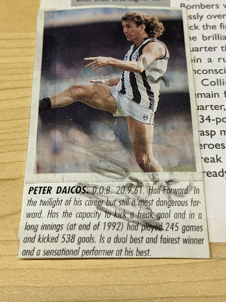 AFL 1990 Collingwood Football Club. Signatures of Tony Shaw, Premiership Captain and Peter Daicos, winner of the Norm Smith Medal for Best on Ground in the Grand Final