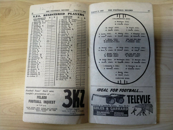 VFL 1955 August 6 Football Record Collingwood v Carlton