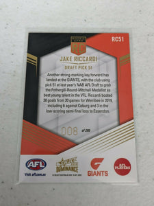 2020 AFL Select Dominance Jake Riccardi Rookie RC51 GWS Low Number 008/295