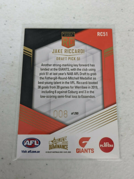 2020 AFL Select Dominance Jake Riccardi Rookie RC51 GWS Low Number 008/295