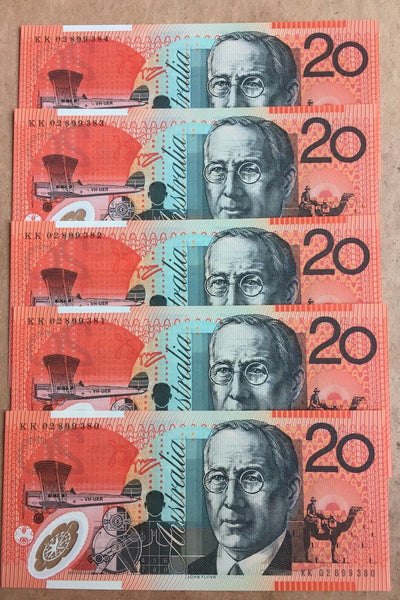 Australia 2002 $20 Macfarlane Henry Polymer R420a Consecutive Run of 5