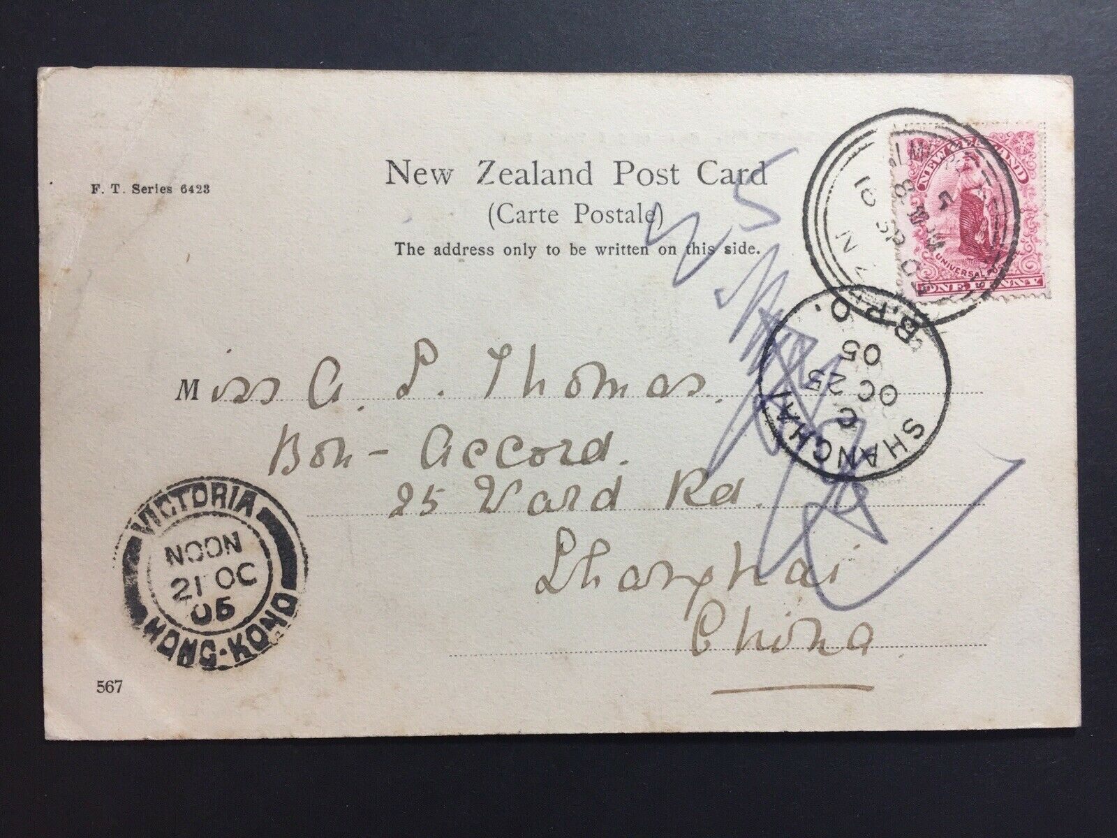 China- Shanghai Inwards 1905 Queenstown PPC New Zealand/HK/BPO Shanghai Markings