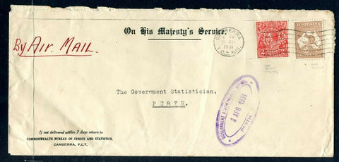 Australia 6d Kangaroo, 2d KGV perfin OS 1931 Bureau of Census & Statistics cover