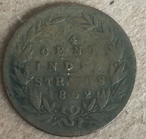 Straits Settlements 1862  Queen Victoria India Straits 1/4 Cent Quarter Cent