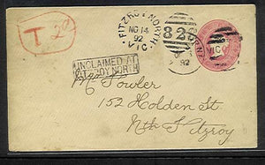 Victoria 1892 1d Embossed Envelope postal stationery unclaimed at Fitzroy North