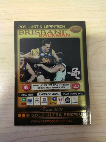 2001 Teamcoach Gold Prize Card Brisbane 205 Justin Leppitsch