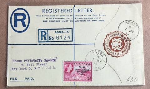 Gold Coast 1958 Ghana 6d Registered Letter Postal Stationery To New York