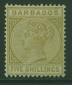 Barbados Queen Victoria SG 103  5 shilling bistre MLH, mint