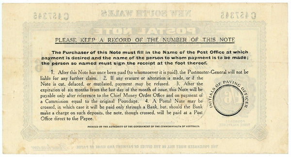 Australia NSW 4/6 Postal Note Bank note postal stationery used Haymarket 1940s