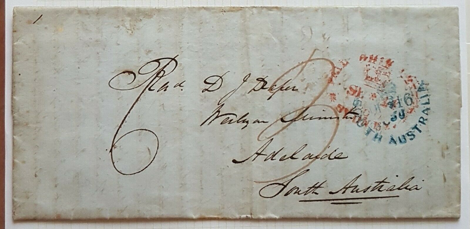 SA, NSW, Australian States, GB, 1850 Sydney to Adelaide underpaid ship letter