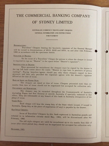 Australia Commercial Banking Company of Sydney 1971 $10, $20 & $50 Travellers Cheque Overprinted Specimen