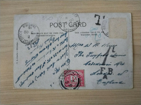 Gibraltar 1916 Postcard of The Galleries with BPO Casablanca Postmark and 1d Postage Due.