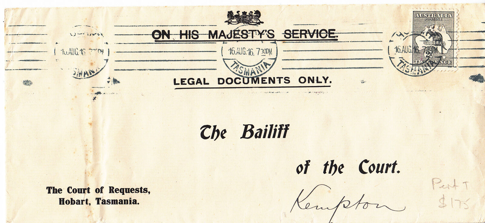 Australia Tasmania 1915 2d Kangaroo perfin T cover Hobart - Kempton, animals