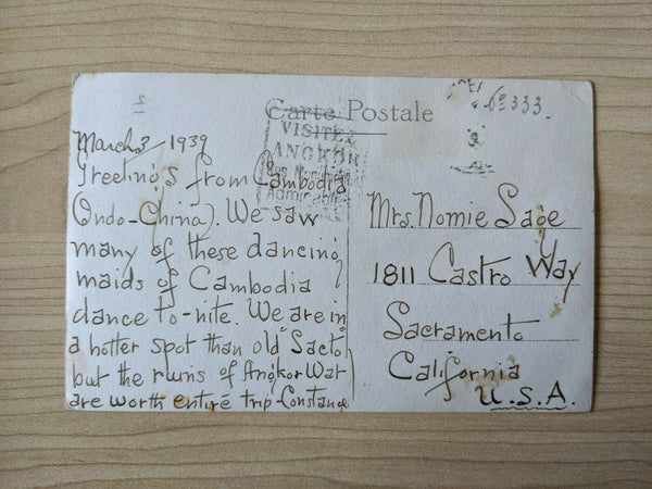 Thailand Postcard 1939 March 3rd Dancing Lady sent to California USA.