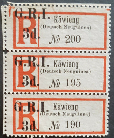 3d GRI on German New Guinea Kawieng Registered label SG 42 strip of 3 Mint