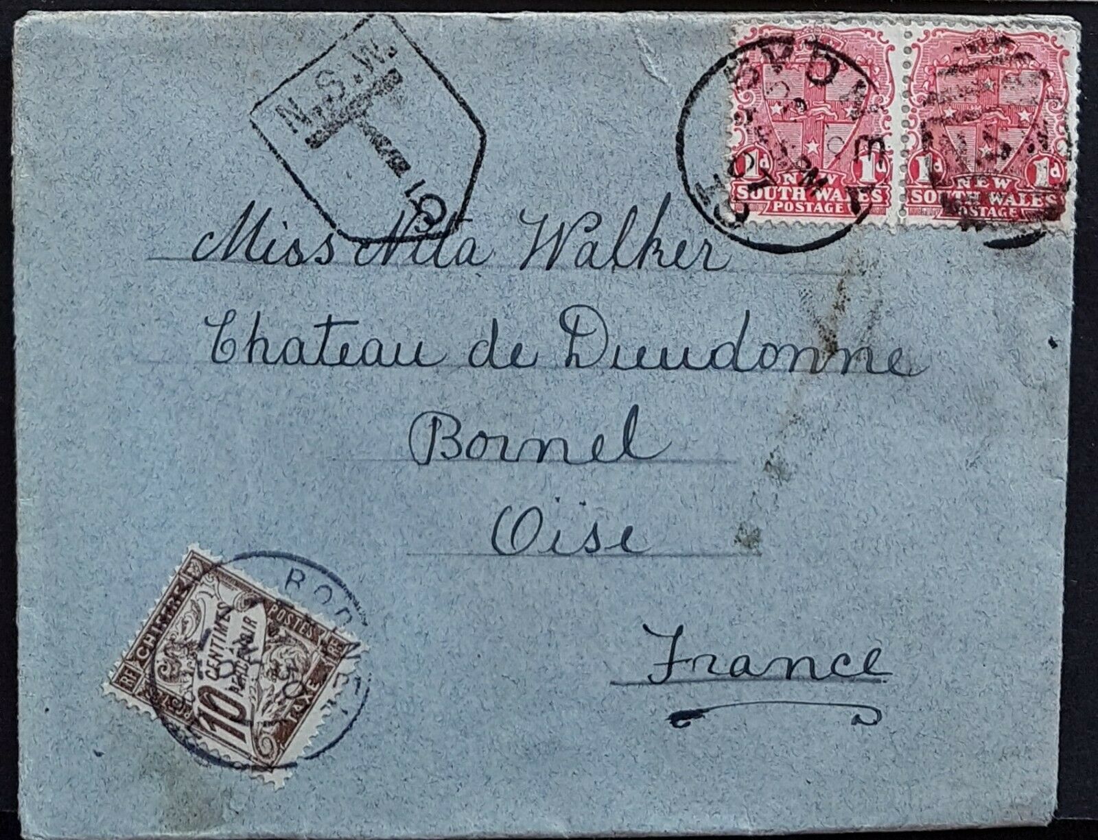 NSW - France 1907 postage due cover with 10 centimes stamp paying the deficiency