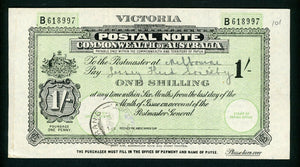 Australia Victoria 1/- Postal Note banknote postal stationery used Kerang 1942