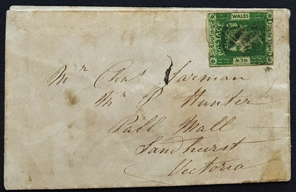 NSW -Sandhurst Victoria 3d Laureate SG 87 on cover from Sydney Se 27 1856