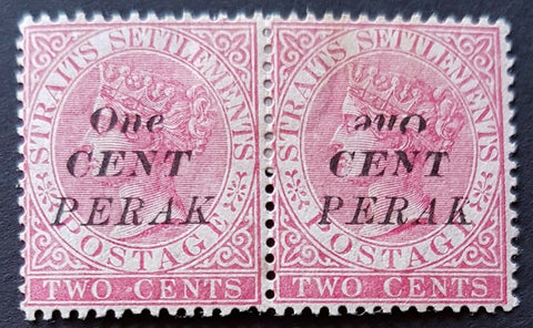 Perak SG 29a 1c on 2c mint type 26 pair, right stamp INVERTED ONE Error Mint