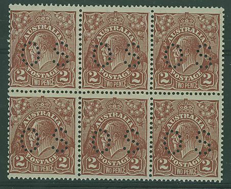 Australia SG O103 2d red-brown KGV perf OS Block of 6 MUH, one is M