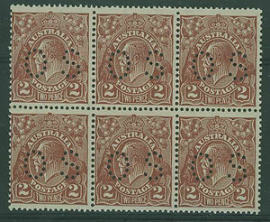 Australia SG O103 2d red-brown KGV perf OS Block of 6 MUH, one is M