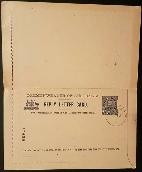 Australia Reply Letter card 1d fullface KGV Town Hall Sydney, Phantom Falls Vic