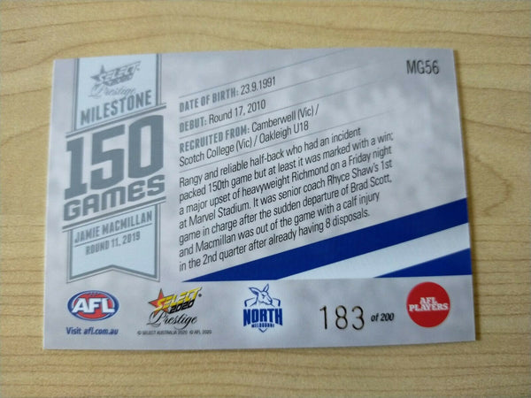 2020 Select Prestige Milestones Jamie Macmillan North Melbourne No. 183/200