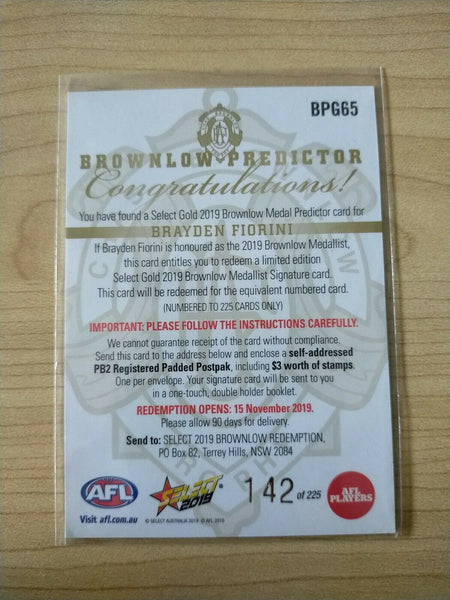 2019 Select Gold Brownlow Predictor Brayden Fiorini GC Suns