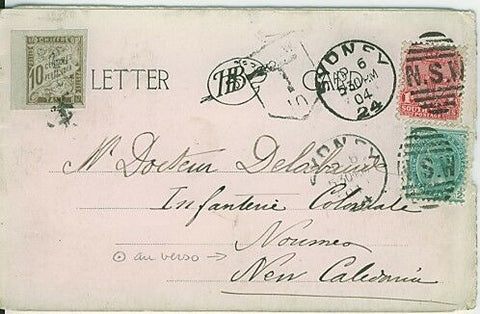 NSW - New Caledonia 1904 postcard of sheep franked 1½d +10 Centimes postage due