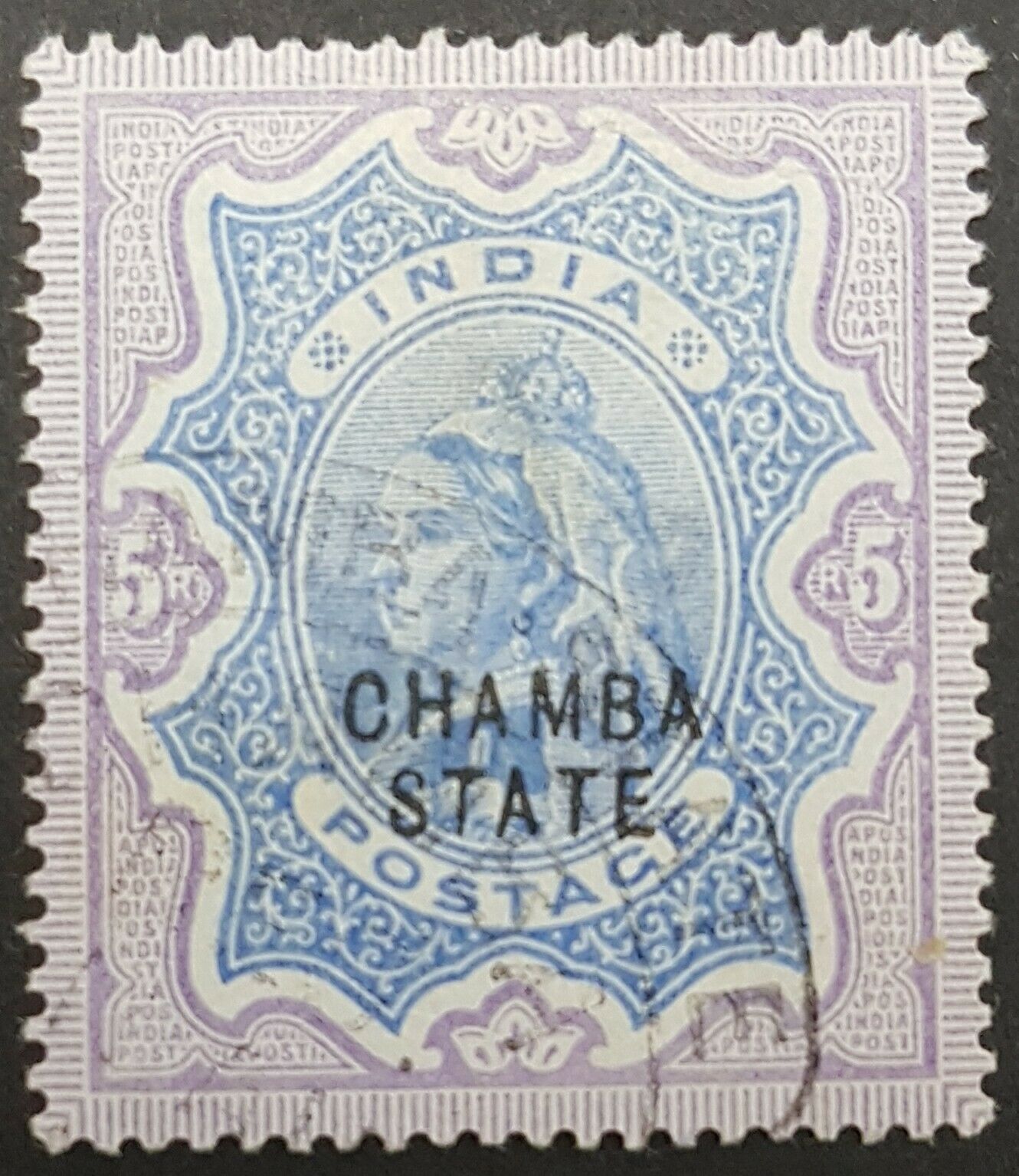 CHAMBA Indian States 5r ultramarine and violet Queen Victoria SG21 Used