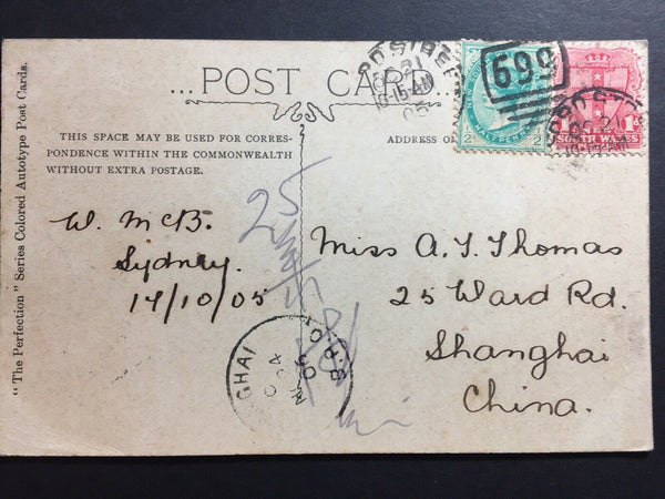 China- Shanghai Inwards 1905 Potts Point PPC Sydney/HK/BPO Shanghai Markings