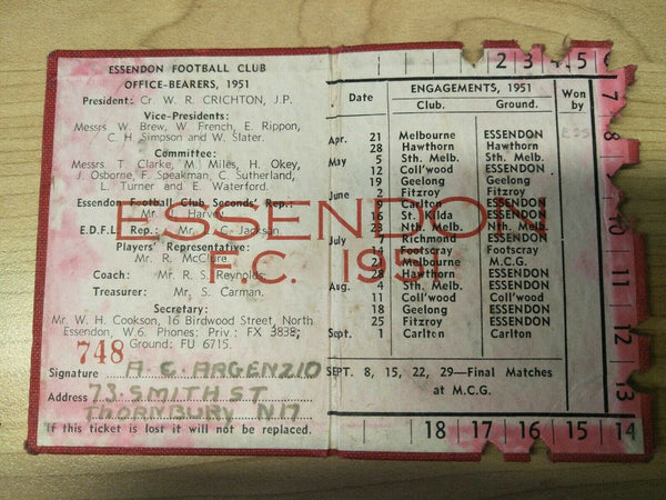 VFL 1951 Essendon Football Club Membership Season Ticket No. 748