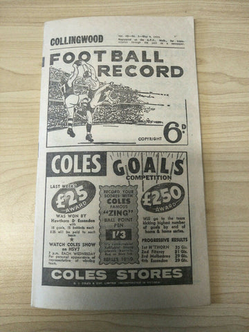 VFL 1959 May 9th Football Record Collingwood v Carlton