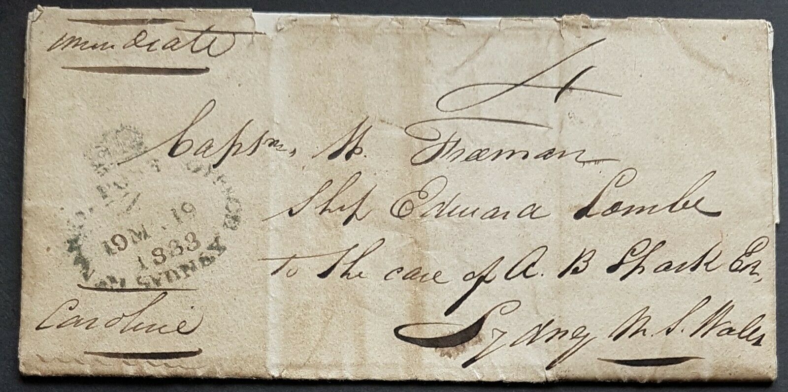 GB - NSW Pre stamp 22 Oct 1832, arrived Sydney 19 March 1833.