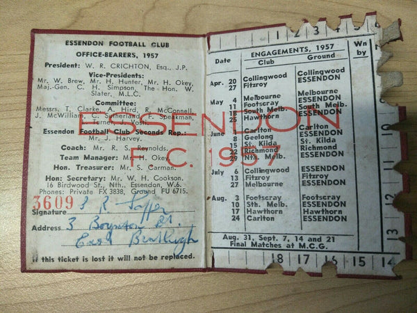 VFL 1957 Essendon Football Club Membership Season Ticket No. 3609