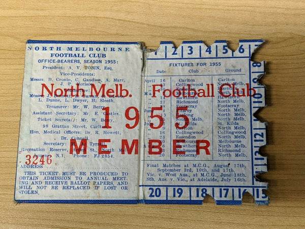 VFL 1955 North Melbourne Kangaroos Season Members Ticket