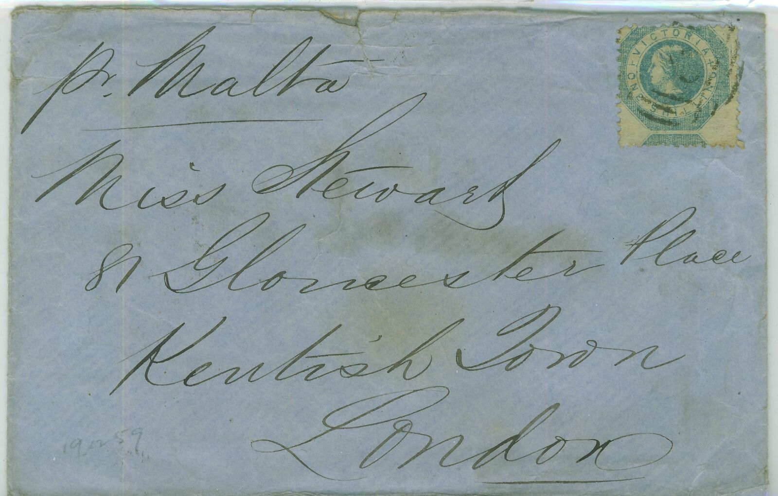 Victoria Australian States1859 cover to London SG81a 1/- grossly misperforated