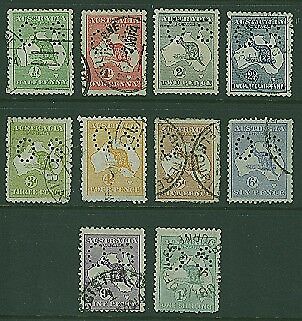 Australia SG O16-O25  Set to 1/- Kangaroo 1st Watermark Perfin small OS used