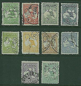 Australia SG O16-O25  Set to 1/- Kangaroo 1st Watermark Perfin small OS used