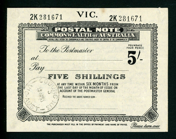 Australia Victoria 5/- Postal Note bank note postal stationery used Coburg 1953