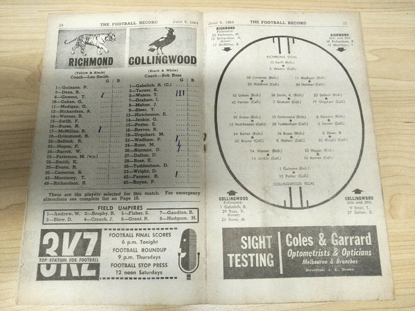 VFL 1964 June 6 Football Record Richmond v Collingwood