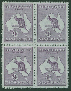 Australia SG 10 9d Violet Kangaroo map 1st Watermark in block of 4 MLH